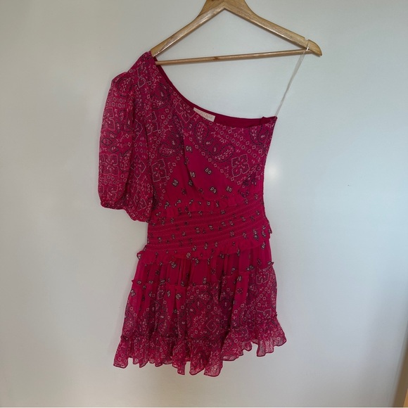 Rococo Sand One-Shoulder Pink Chiffon Mini Dress Smocked Waist Ruffle Hem Sz M - Picture 2 of 5